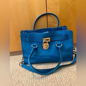 KORS Michael Kors Teal Blue Leather Satchel with Gold Hardware